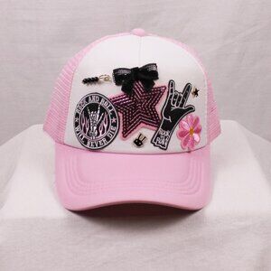 Trucker Hat, Pink, Snap Back.  Rock and Roll Theme